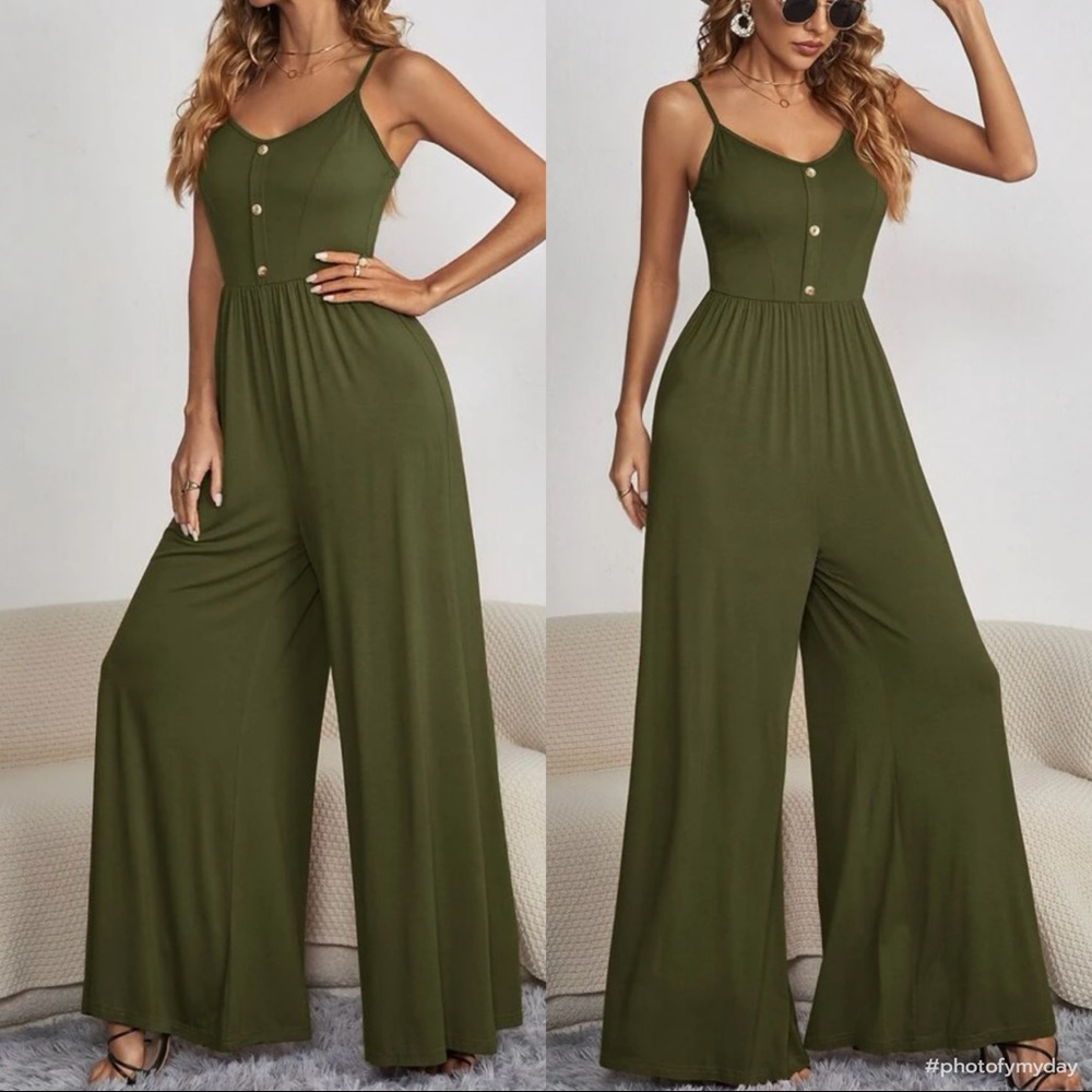 Boho button detail spaghetti straps Wide Leg jumpsuit GREEN - Picture 1 of 15